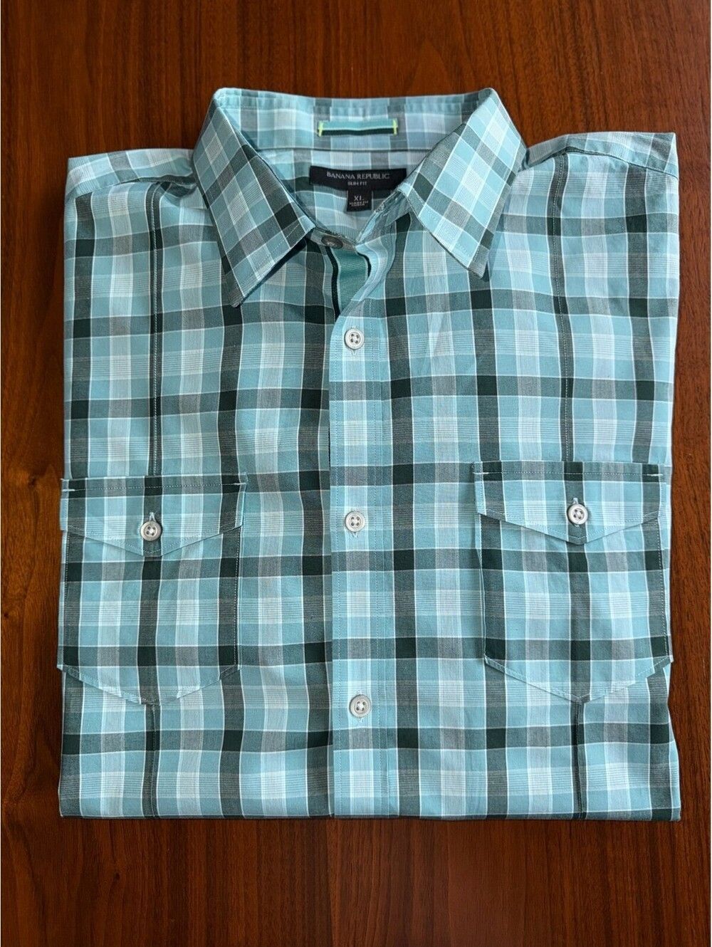Banana Republic Slim Fit Long Sleeve Light Blue Lrg Check Plaid Shirt - Size XL